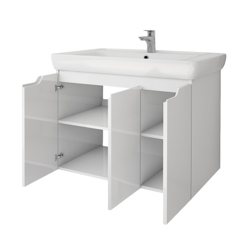 Тумба Q PLUS (D), 80 см, подвесная/напольная, 3 дверцы, с опорами, белый глянец
