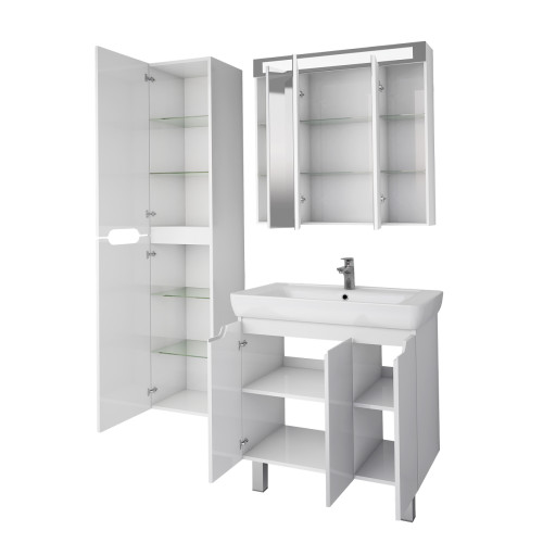 Тумба Q PLUS (D), 80 см, подвесная/напольная, 3 дверцы, с опорами, белый глянец