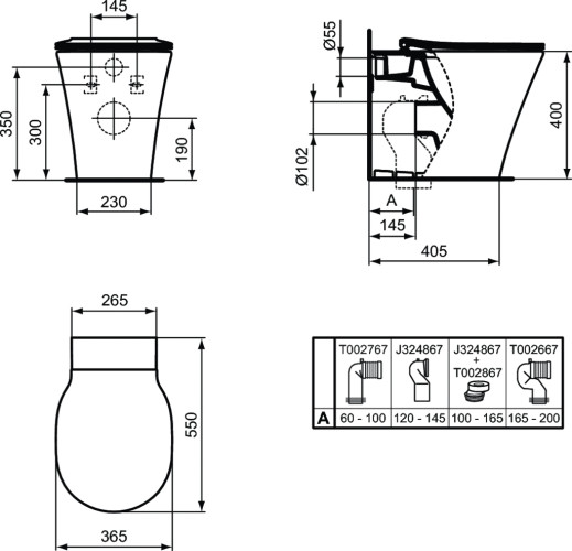 E004201 CONNECT AIR AquaBlade® Напольный пристенный унитаз соло, горизонтальный выпуск (может дополняться пластиковыми выпускными патрубками на 90˚)