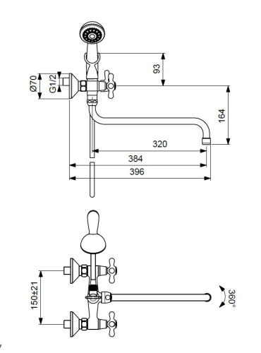 BA129AA RETRO Смеситель для ванны/душа с длинным изливом 320 мм