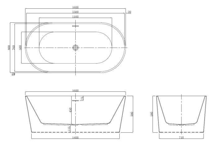 Ванна акриловая Azario BRISTOL 1600х800х580, свободностоящая, в комплекте с сифоном и металлической рамой (BRI16080)