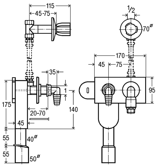 370756 Сифон для скрытого монтажа, с верт. отводом, для шланга ...