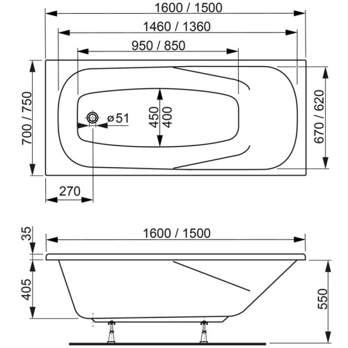 Ванна акриловая VAGNERPLAST ARONIA 160x75 VPBA160ARN2X-04