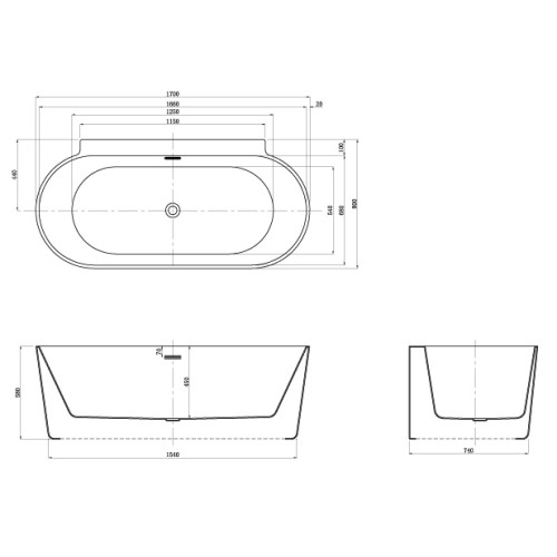 Ванна акриловая Azario MEDFORD 1700х800х580 пристенная, в комплекте с сифоном и металлической рамой