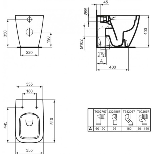 Напольный пристенный унитаз Ideal Standard i.life B безободковый, технология RimLS+, горизонтальный (универсальный) выпуск (T461601)