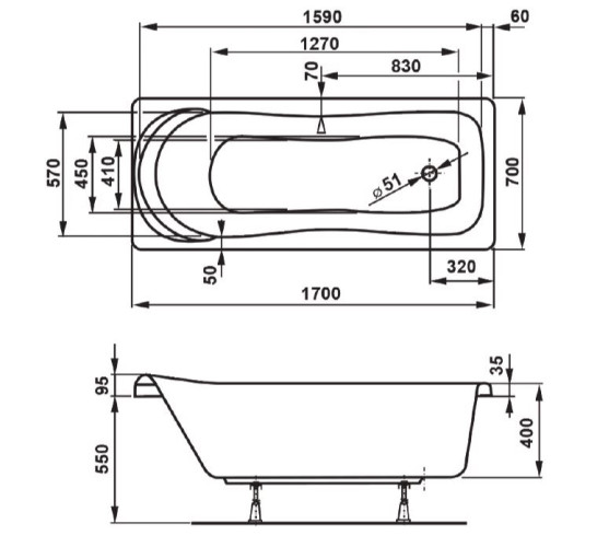 Ванна акриловая VAGNERPLAST PENELOPE 170x70 белая (VPBA177PEN2E-04)