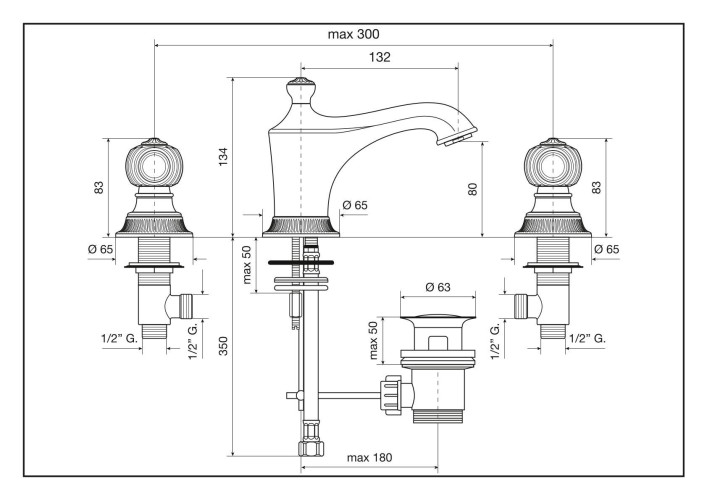 Emmevi The One, смеситель с донным клапаном для раковины на 3 отверстия. Металлические ручки, цвет хром