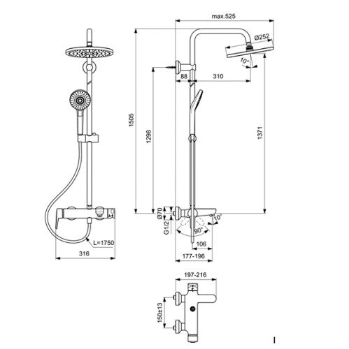 Душевая колонна Ideal Standard IdealRain Eco SL с настенным смесителем для ванны/душа Connect (B2267AA)