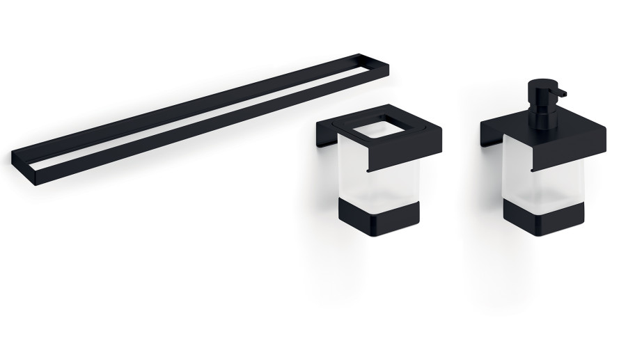 200ANE Модуль подвесной 200мм: рейлинг A8883ANE + дозатор A8812MNE21+ стакан A8810MNE21, нерж.сталь AISI 304,стекло матовое,черный матовый, INDA IND