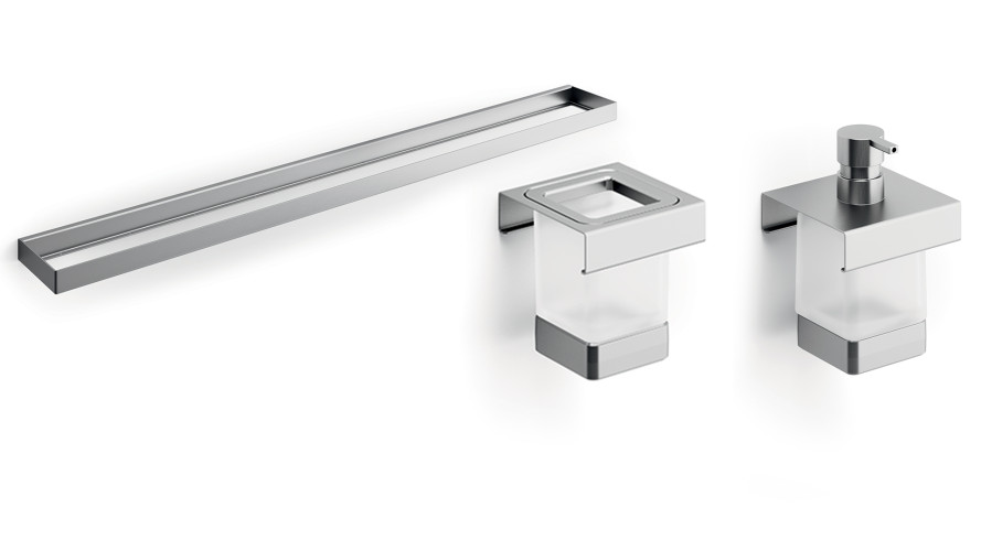 200ANS Модуль подвесной 200мм: рейлинг A8883ANS + дозатор A8812MNS21+ стакан A8810MNS21, нерж.сталь AISI 304,стекло матовое,брашированная нержавеющая