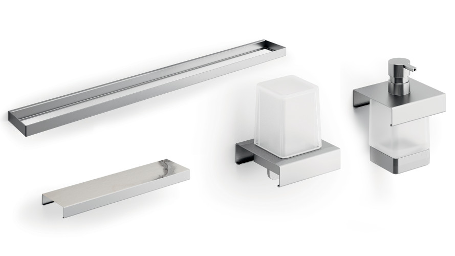 400C67MNS09MHW Calacatta Модуль подвесной 400мм: рейлинг A8883CNS+ дозатор A8812MNS21+дозатор A8867MNS21+полочка A8809MHW,нерж.сталь AISI 304,стекло м