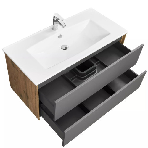 Тумба под раковину AQUATON Сохо 100 подвесная, Дуб Веллингтон/Графит софт (1A258201AJA00)