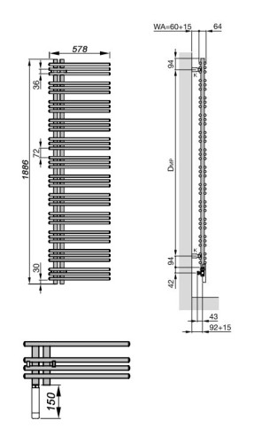 Полотенцесушитель Zehnder Yucca asymmetric YADE-170-060/YD