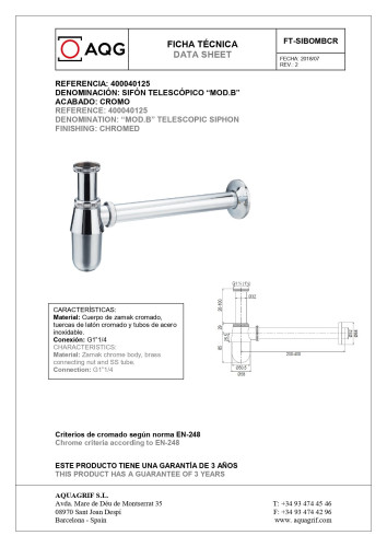 AQG, круглый бутылочный сифон MOD.B 1”1/4 из латуни, цвет хром
