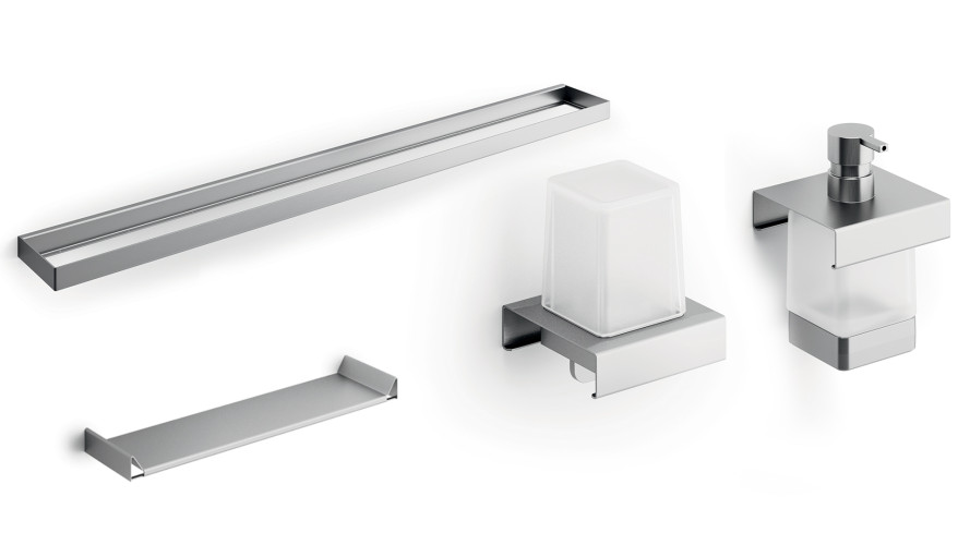 400C67MNS09N Модуль подвесной 400мм: рейлинг A8883CNS+ дозатор A8812MNS21+дозатор A8867MNS21+полочка A8809NNS,нерж.сталь AISI 304,стекло матовое,браши