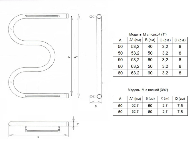 Полотенцесушитель водяной Двин форма М-образная 50х60, цвет Хром (4627086010806)
