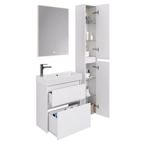 Пенал SLIM, 30 см, подвесной/напольный, универсальный, 2 дверцы, 4 стеклянные полки, белый глянец