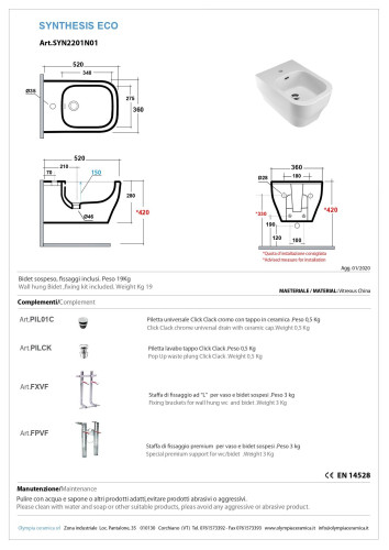 Olympia Synthesis Eco, подвесное биде c крепежом, 53x36 см, цвет белый глянцевый
