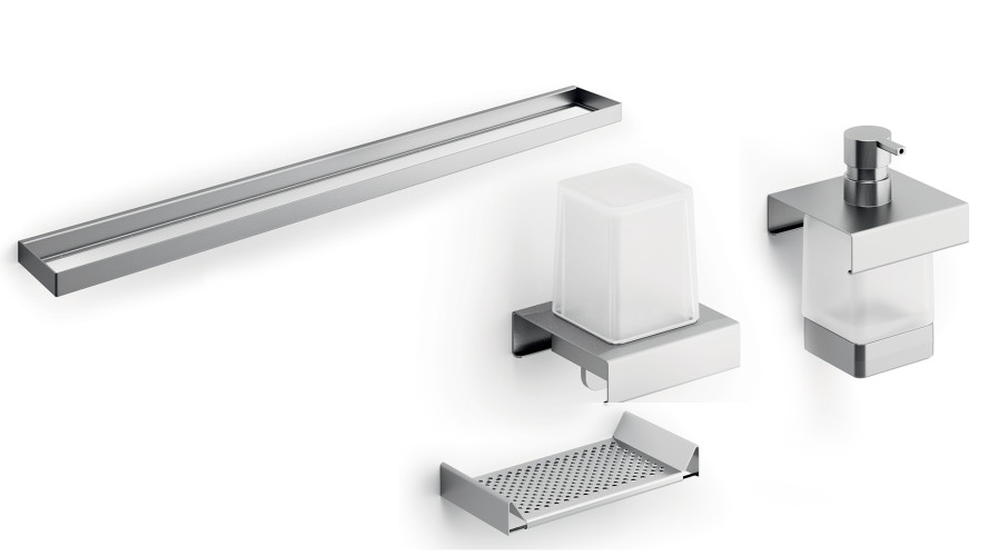 400C67MNS51N Модуль подвесной 400мм: рейлинг A8883CNS+ дозатор A8812MNS21+дозатор A8867MNS21+полочка с водосгоном A8851NNS,нерж.сталь AISI 304,стекло