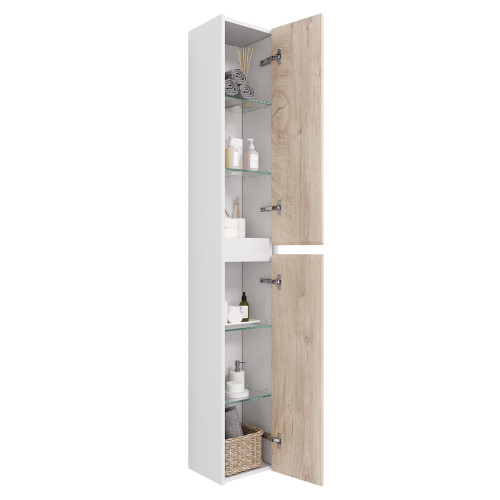 Пенал SLIM, 30 см, подвесной/напольный, универсальный, 2 дверцы, 4 стеклянные полки, белый глянец / дуб кантри