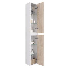 Пенал SLIM, 30 см, подвесной/напольный, универсальный, 2 дверцы, 4 стеклянные полки, белый глянец / дуб кантри