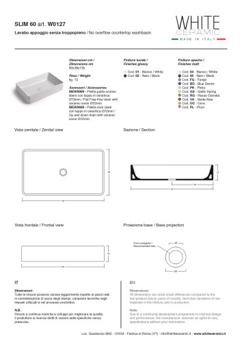 White Ceramic Slim, накладная прямоугольная раковина 60x38x13h см, цвет белый глянцевый