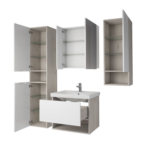 Пенал PERFECTO, 35 см, подвесной/напольный, универсальный, 2 дверцы, 4 стеклянные полки, дуб эврика/белый глянец