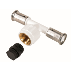 Тройник HENCO ВР c черной заглушкой BP04 1/2", ПВДФ пресс (белый), 26x1/2"x26