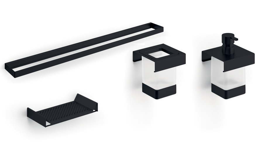 400CNE51N Модуль подвесной 400мм: рейлинг A8883CNE+ дозатор A8812MNE21+стакан A8810MNE21+ полочка с водосгоном A8851NNE,нерж.сталь AISI 304,стекло мат