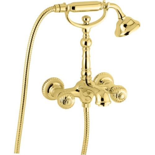 Emmevi The One, смеситель с ручным душем для ванны. Металлические ручки, цвет золото