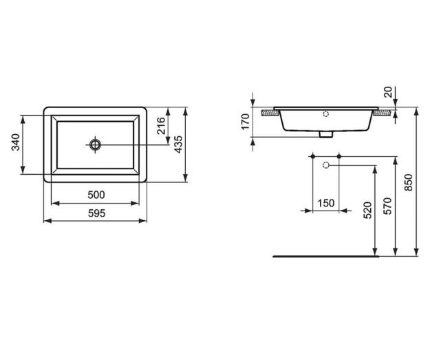 Раковина встраиваемая сверху Ideal Standard STRADA 59.5х44х17, фаянс, цвет Белый (K078001)