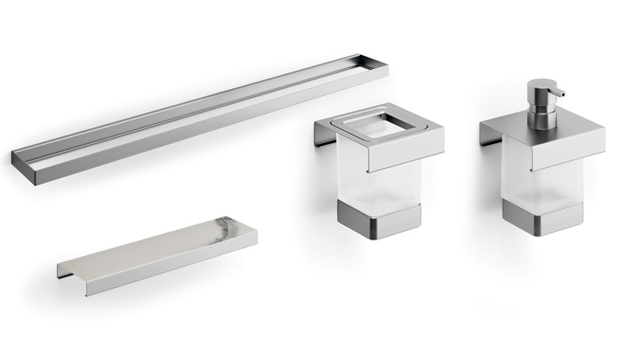 400CNS09MHW Calacatta Модуль подвесной 400мм: рейлинг A8883CNS+ дозатор A8812MNS21+стакан A8810MNS21+ полочка A8809MHW,нерж.сталь AISI 304,стекло мато