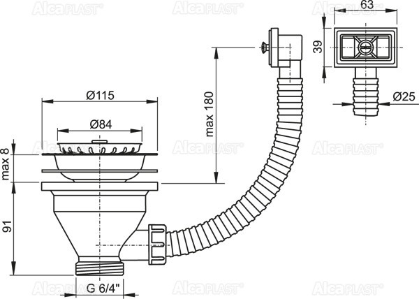 Водослив сифона для мойки Alcadrain 6/4" с нержавеющей решеткой, 115 мм, и гофропереливом (A38)