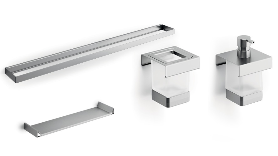 400CNS09N Модуль подвесной 400мм: рейлинг A8883CNS+ дозатор A8812MNS21+ стакан A8810MNS21+ полочка A8809NNS,нерж.сталь AISI 304,стекло матовое,браширо