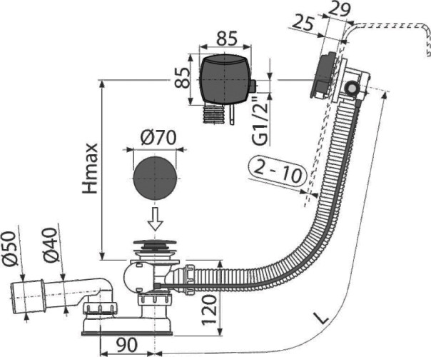 Слив-перелив Alcadrain для ванны, полуавтомат, с напуском воды через перелив, черный матовый (A564BLACK-80)