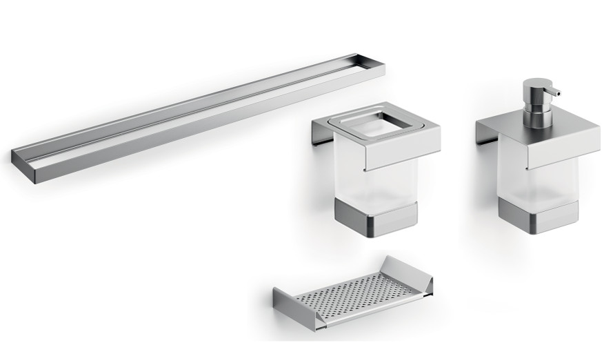 400CNS51N Модуль подвесной 400мм: рейлинг A8883CNS+ дозатор A8812MNS21+стакан A8810MNS21+ полочка с водосгоном A8851NNS,нерж.сталь AISI 304,стекло мат