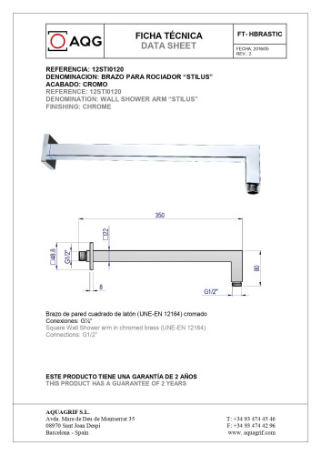 AQG, настенный квадратный кронштейн  STILUS длиной 35 см, для верхнего душа, цвет хром