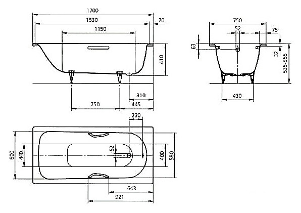 Ванна стальная Kaldewei SANIFORM PLUS STAR Mod.336 170х75х41, alpine white, без ножек, с отверстиями для ручек