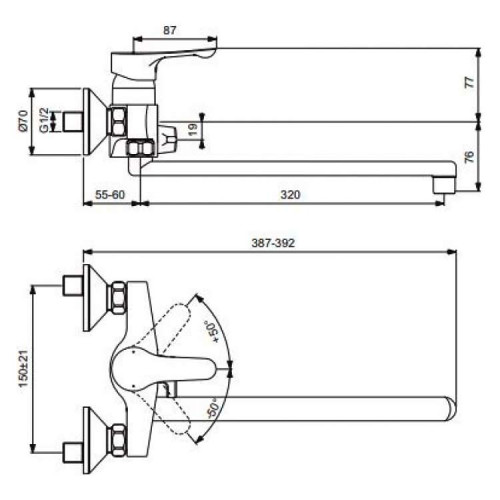 BA417AA WAVE Настенный смеситель для ванны/душа с длинным изливом, монтаж на стандартных эксцентриках