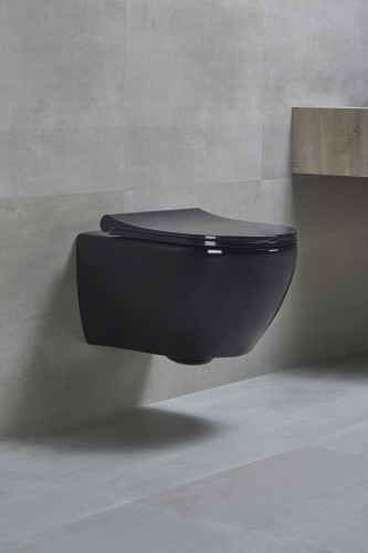 Унитаз подвесной beWash Bogen безободковый с сиденьем микролифт черный глянец 88303206 + EVB6386
