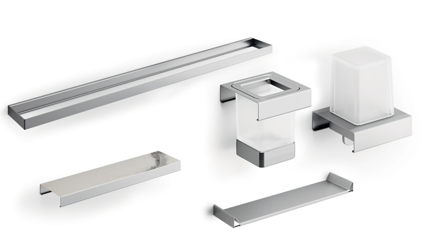 600D67MNS09N Calacatta Модуль подвесной 600мм: рейлинг A8883DNS+полочка A8809NNS+полочка A8809MHW+дозатор A8867MNS21+стакан A8810MNS21,нерж.сталь AISI