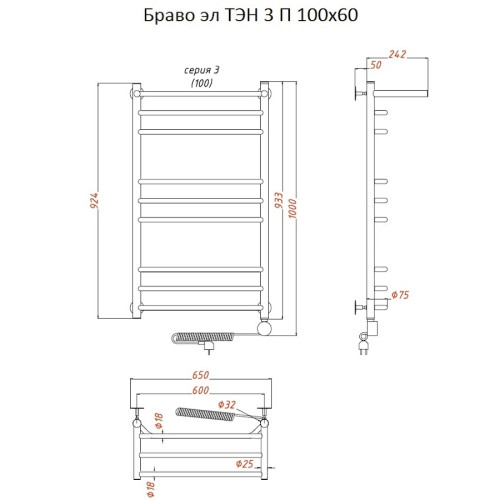 Полотенцесушитель Браво эл ТЭН 3 П 100*60 (ЛЦ4)