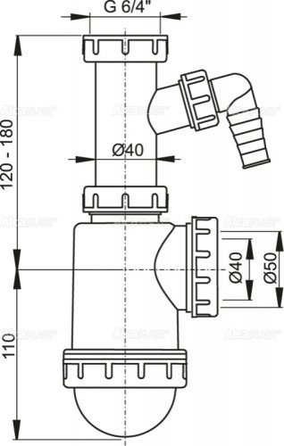 Сифон для мойки Alcadrain с накидной гайкой 6/4" и штуцером (A443P-DN50/40)