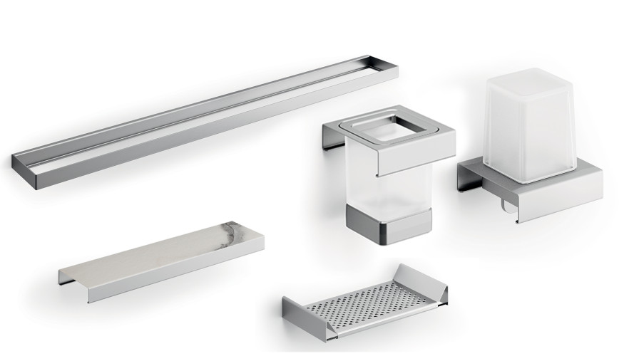 600D67MNS51N Calacatta Модуль подвесной 600мм: рейлинг A8883DNS+полочка с водосгоном A8851NNS+ полочка A8809MHW+дозатор A8867MNS21+стакан A8810MNS21,н