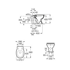 Чаша приставная Roca CARMEN 560, безободковая, горизнтальный выпуск (7.3440.A.900.0)