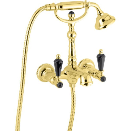 Emmevi The One, смеситель с ручным душем для ванны. Черные кристаллы Swarovski, цвет золото