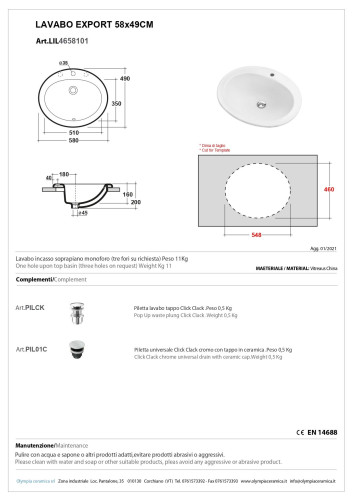 Olympia, встраиваемая в столешницу овальная раковина 58x49 см, цвет белый глянцевый