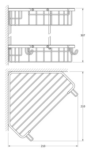 Полочка-решетка с крючками угловая 2-х ярусная 23/23 cm (хром) (FBS) RYN 006