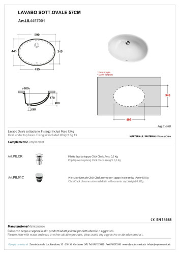 Olympia, подстольная овальная раковина 59х44,5 см, с крепежем, цвет белый глянцевый