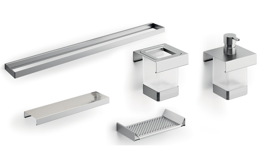 600DNS51N Calacatta Модуль подвесной 600мм: рейлинг A8883DNS+полочка с водосгоном A8851NNS+полочка A8809MHW+дозатор A8812MNS21+стакан A8810MNS21,нерж